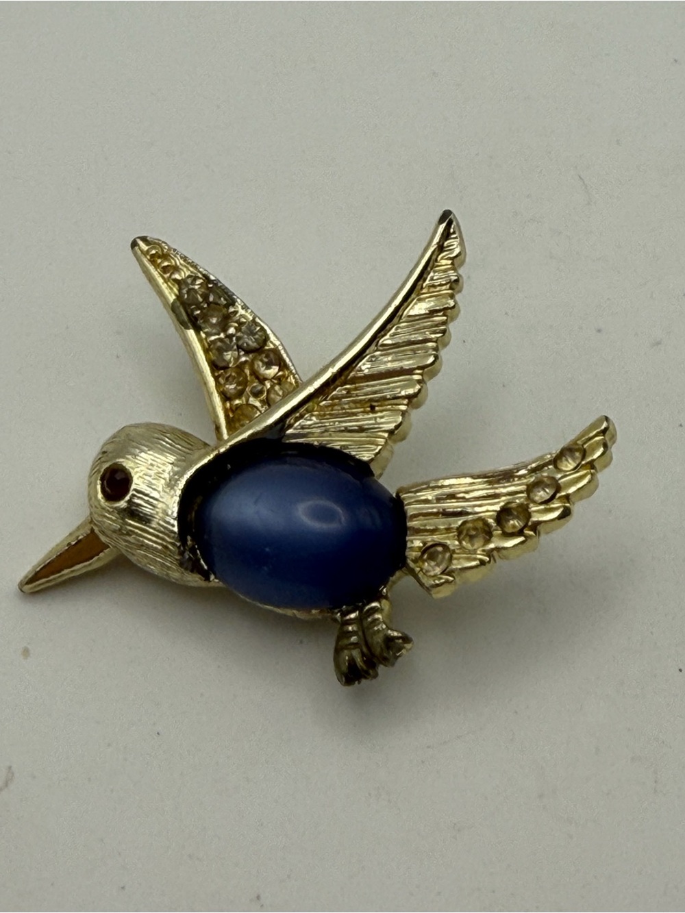 Gold Tone Blue Swallow Pin - Decorative Flying Cabochon Brooch